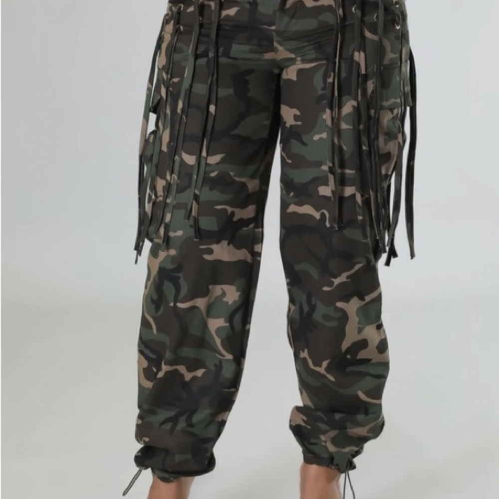 Women’s Fringe Cargo Camouflage Print Pants Sizes Small - Large